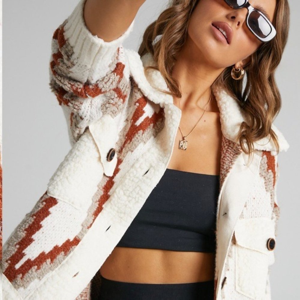 Aztec Print Knit Oversized Cardigan Geo Print Textured 3D Sherpa Trim Coat - Picture 4 of 6